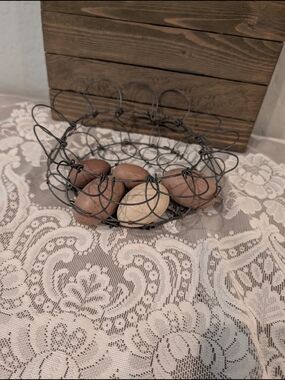 Antique Collapsible French Egg Basket W/ Wood Eggs